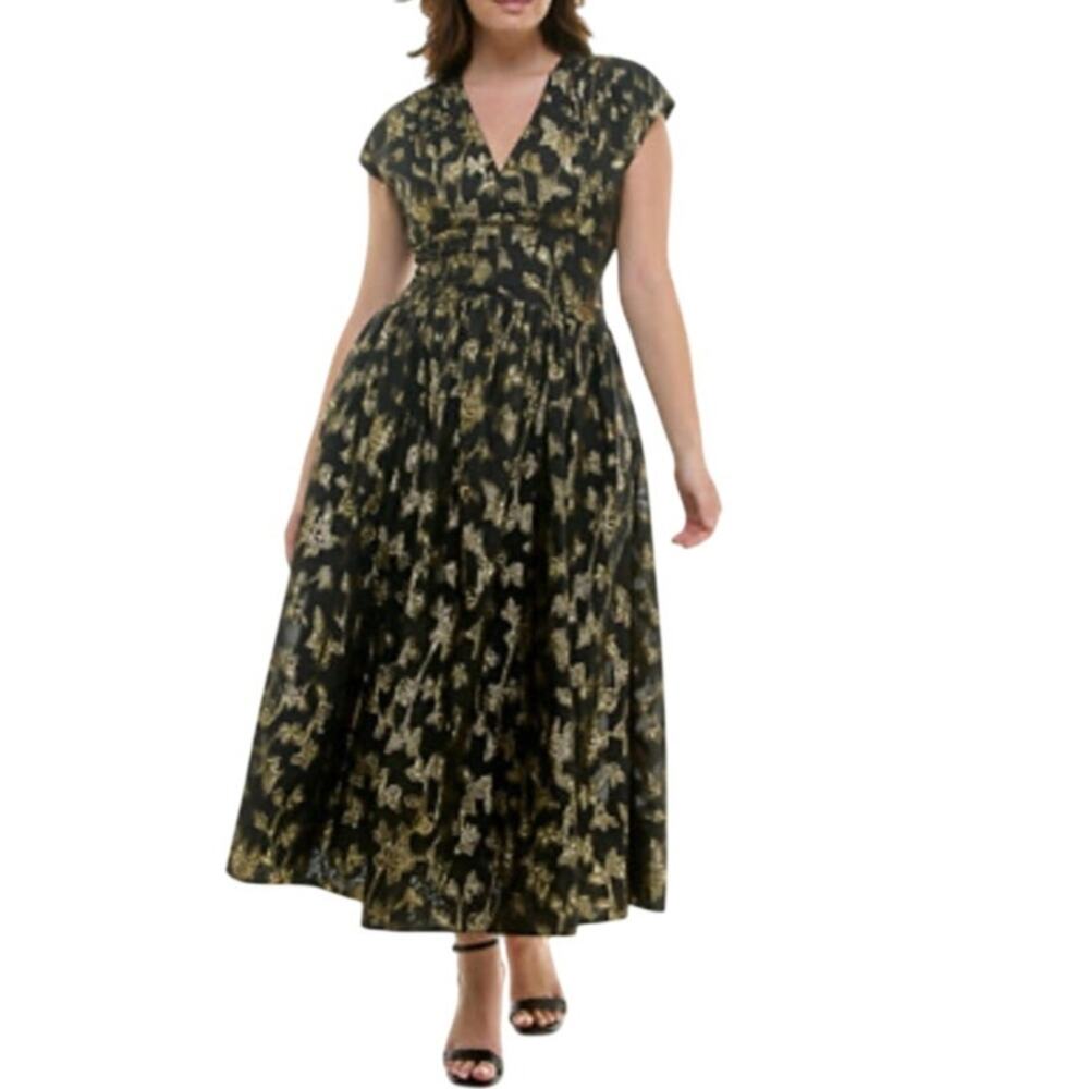 Taylor Plus 20W Black Gold Metallic Floral Midi Dress V Neck Pockets Party